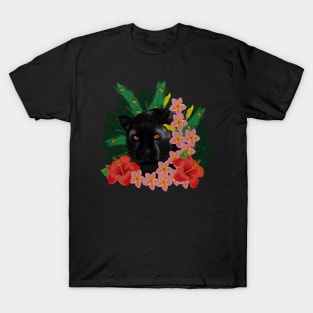 Black leopard Panther, Tropical Floral, Big Cat T-Shirt